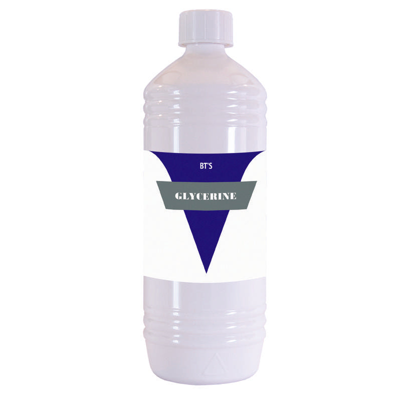 BT'S Glycerine plantaardig 1 liter for foot care, showing a clear bottle of natural vegetable glycerine with a blue cap.