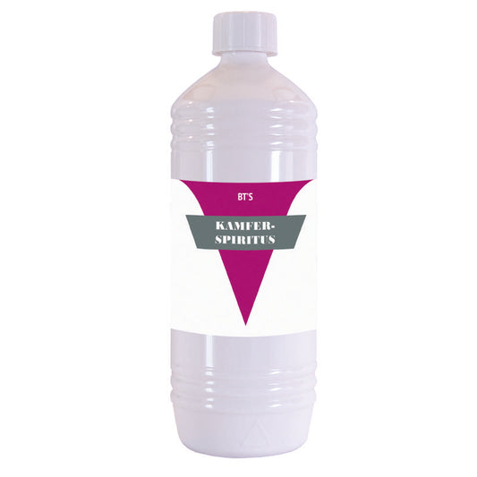 BT'S Kamferspiritus 1 Liter for foot care, showing a clear bottle with a white cap and label, suitable for foot hygiene.