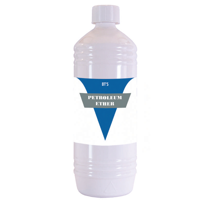 BT'S Petroleum Ether 1 Liter bottle, a cleaning product from Schoonmaakartikelen, with clear label and blue cap.