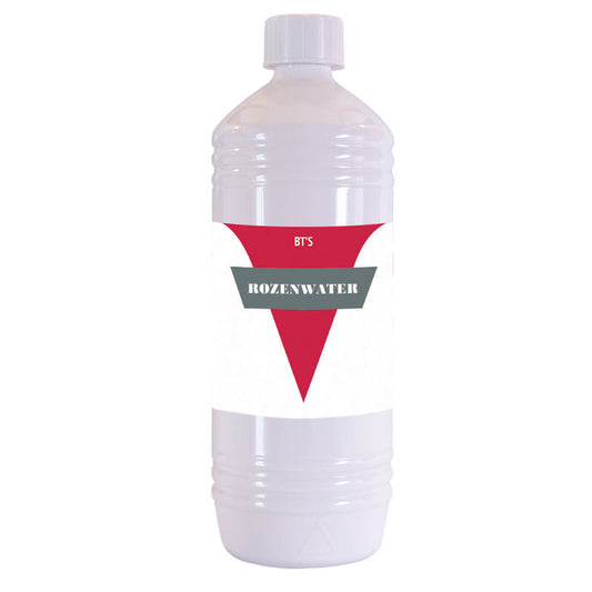 BT'S Rozenwater 1 Liter facial skincare spray bottle, clear liquid with floral scent, for refreshing and hydrating skin.