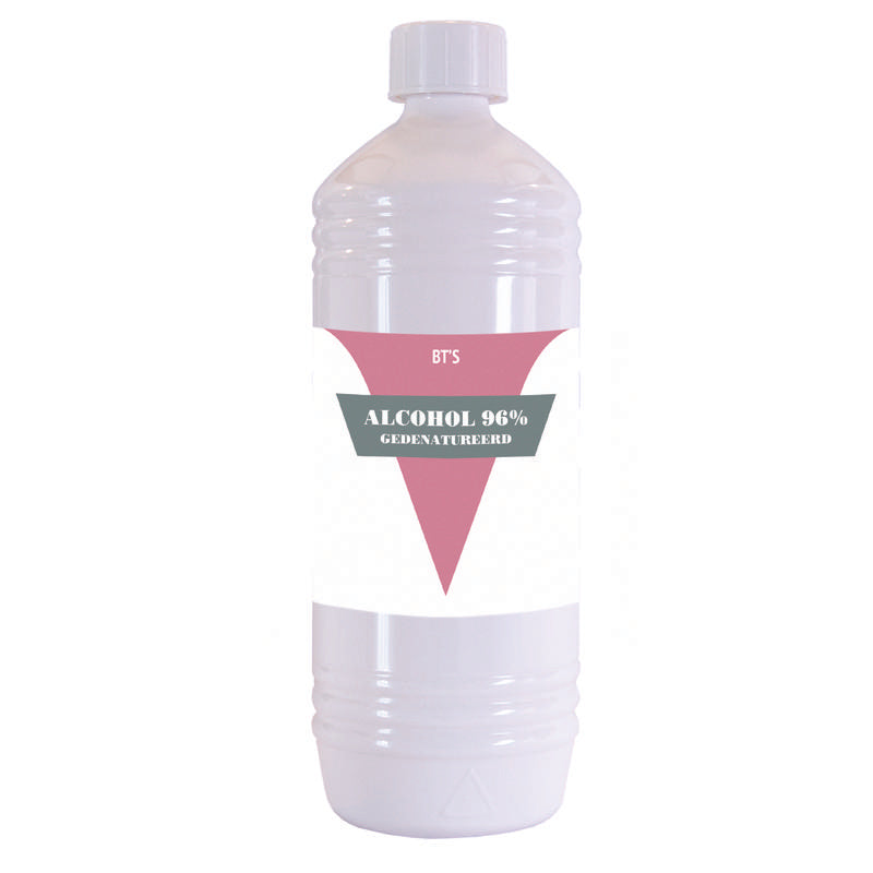 BT'S Alcohol 96% disinfectant in a 1-liter bottle, showing the clear liquid and label on the container.
