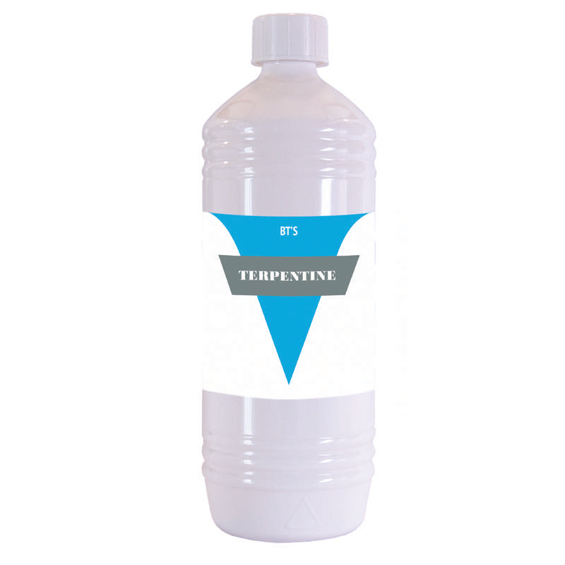 BT'S Terpentina 1 Liter bottle, cleaning solvent for arts and crafts, with a clear container and label, used for thinning paints.