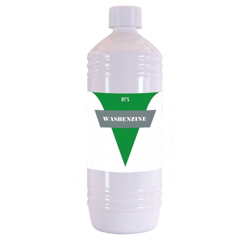 BT'S Wasbenzine 1-liter bottle of cleaning solvent for household and industrial use, with label displaying product details.
