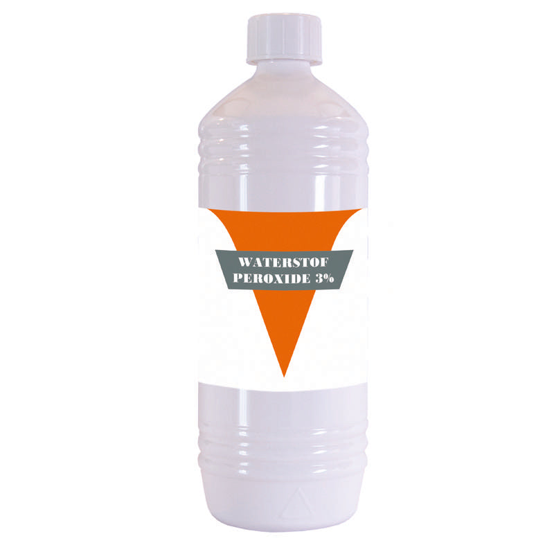 BT'S Waterstofperoxide 3% disinfectant bottle, 1-liter container with label, used for cleaning and sterilization purposes.