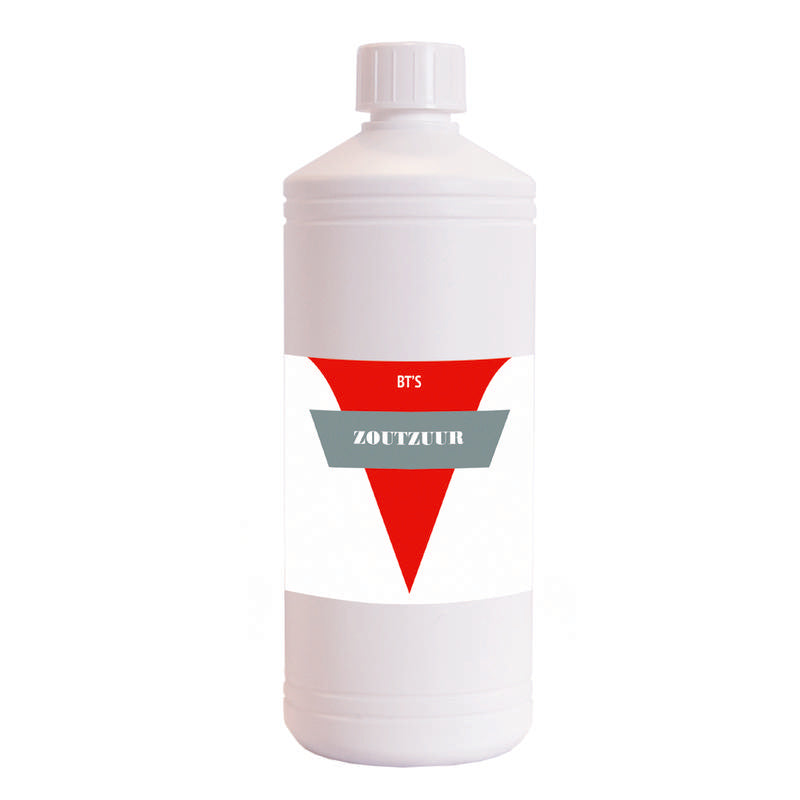 BT'S Zoutzuur 10% schoonmaakartikel in 1-liter container, showing the transparent plastic bottle with label.