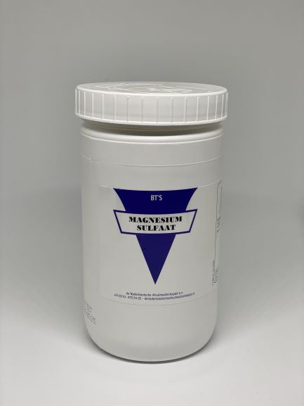 BT'S Magnesium Sulfaat 1kg for bath and shower, showing a container of magnesium sulfate powder with a label.