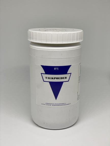 BT'S Talkpoeder 500g body powder in a clear container, designed for personal body care and freshness.