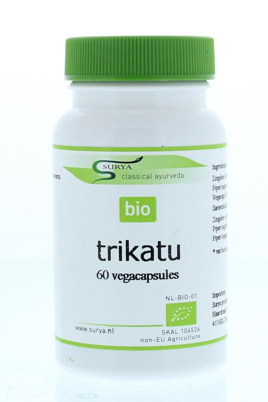 Surya Trikatu bio vegetarian capsules, herbal supplement packaging with colorful label and capsules visible.