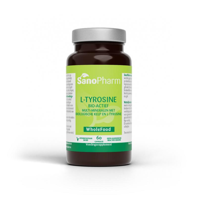 SanoPharm L-Tyrosine plus wholefood capsules, mineralen multi supplement, 60-count bottle with capsules displayed.