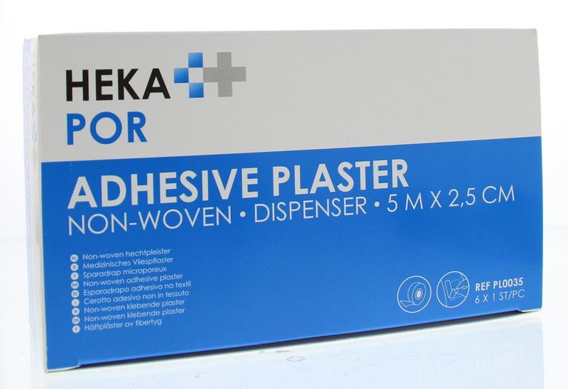 Hekapor Hechtpleister 5m x 2.5cm non-woven adhesive bandages, pack of 6, for wound care and skin protection.