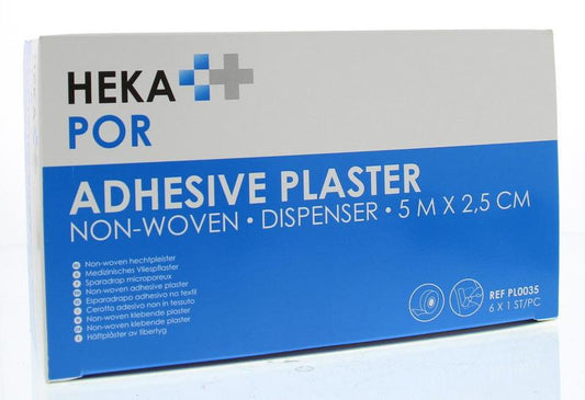 Hekapor Hechtpleister 5m x 2.5cm non-woven adhesive bandages, pack of 6, for wound care and skin protection.