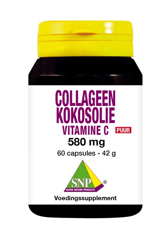 SNP Collageen kokosolie vitamine C puur mineralen multivitamine capsules, 60 count, in a bottle with capsules visible.