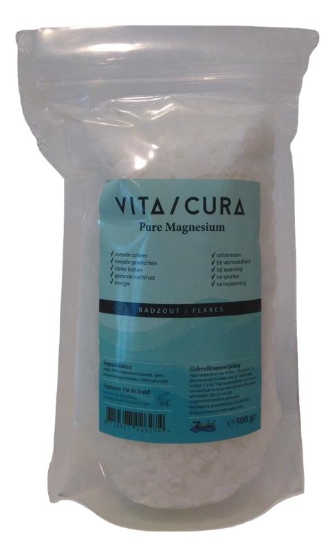 Vitacura Magnesium bath and shower flakes in a 500g container, natural mineral salt for relaxing baths and skincare.