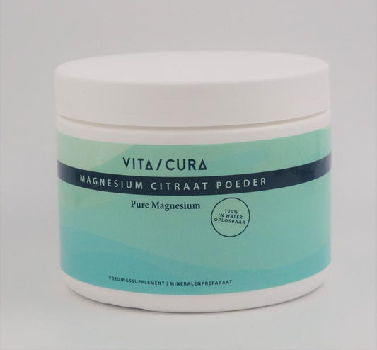 Vitacura Magnesium Citraat powder in a 200g package, a natural mineral supplement in a clear container.