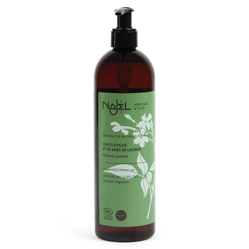 Najel Aleppo Jasmijn shower gel in 500ml bottle, natural Bad en Douche product with floral jasmine scent and clear packaging.