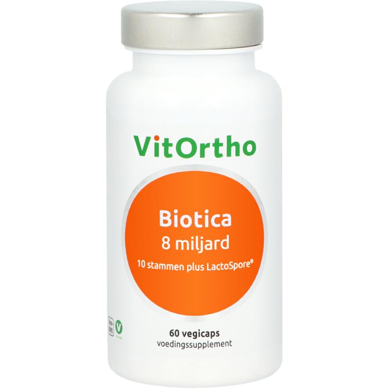 VitOrtho Biotica 8 miljard vegetarian capsules containing micro-organisms for digestive health, shown in the image.