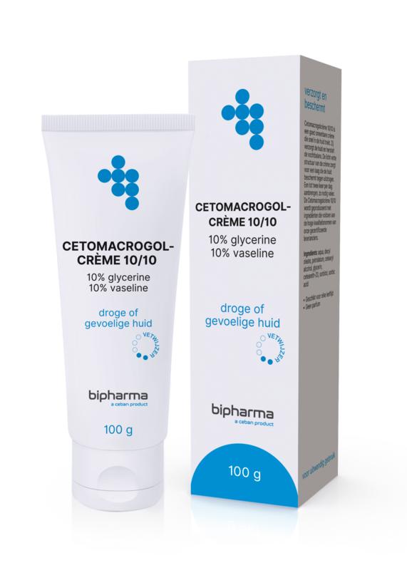 Bipharma Cetomacrogol creme 10/10 in a 100g tube, a soothing body care product for moisturizing and skin protection.