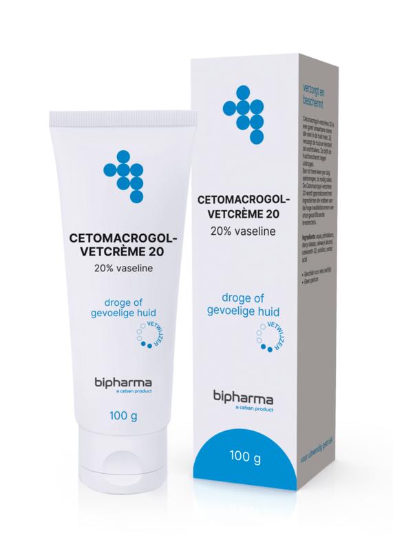 Bipharma Cetomacrogol vetcreme 20, 100g tube, moisturizing body care cream with Cetomacrogol for skin hydration.