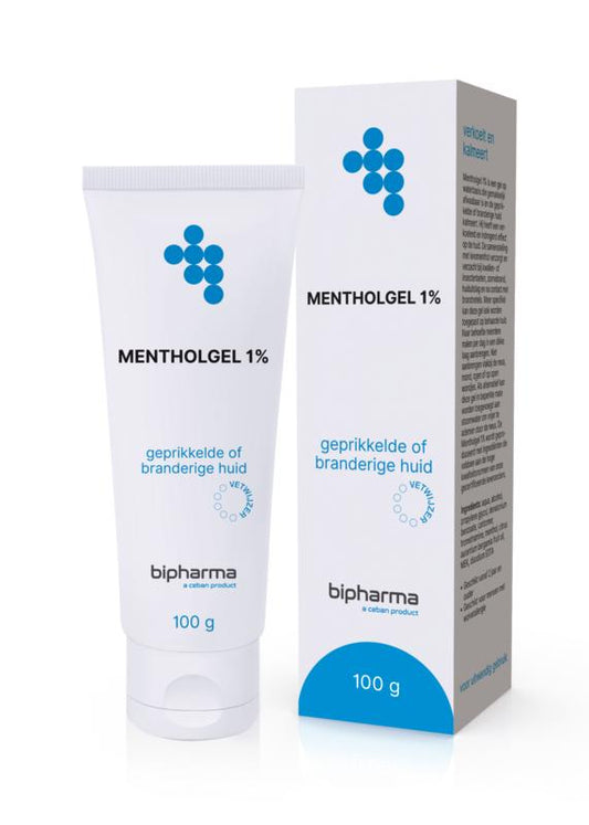 Bipharma Mentholgel 1% body care gel in 100g tube, featuring menthol for soothing skin relief