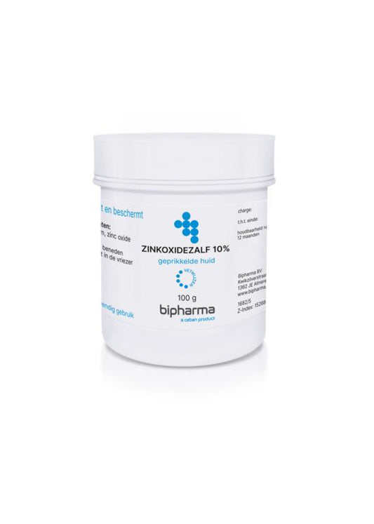 Bipharma Zinkoxidezalf 10% body care cream in a 100g tube, featuring zinc oxide and zinc oxide zinc oxide for skin soothing.