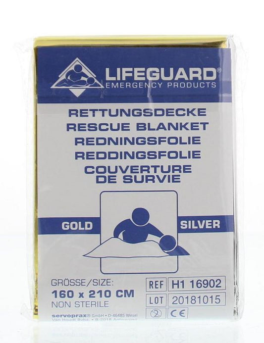 Lifeguard rescue blanket in gold and silver, 160x210 cm, part of EHBO first aid set, shown in a folded position.