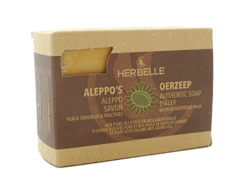 Herbelle Aleppo olive soap with 40% laurel, rectangular bar with textured surface, natural ingredients, and branding details visible.