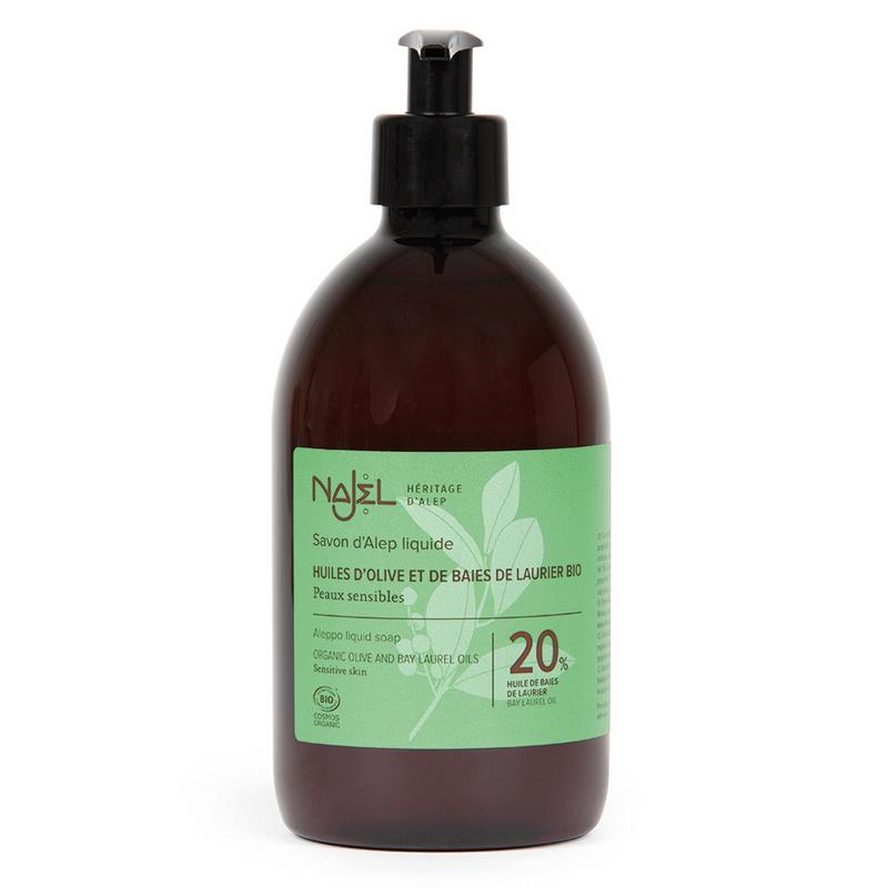 Najel Aleppo liquid soap with 20% laurier, 500ml pump bottle, natural soap for gentle cleansing and skincare.