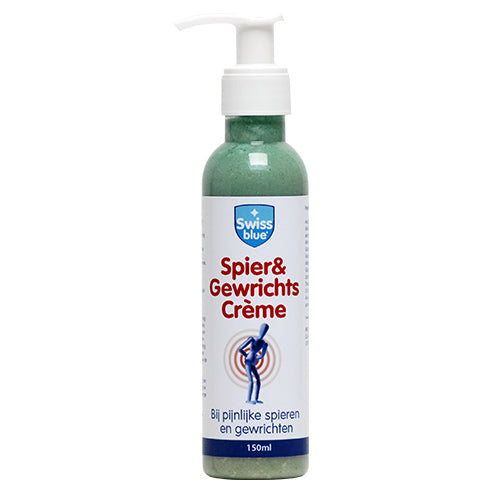 Swissblue spier en gewrichtsverzorgingscrème in 150ml tube, with soothing texture and branding visible.