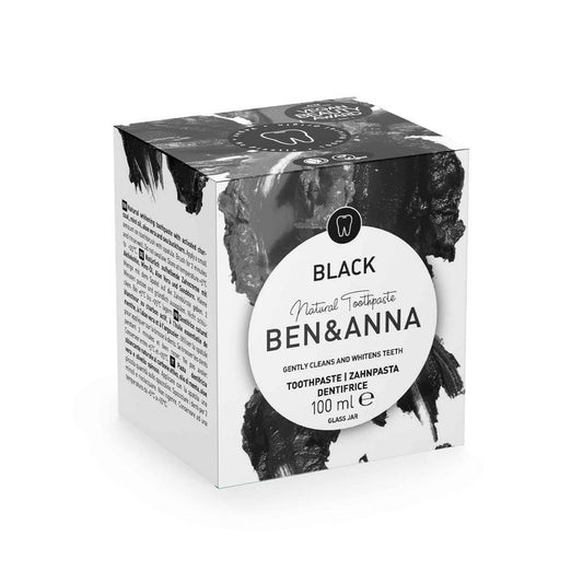 Ben & Anna black active charcoal toothpaste tube, 100ml, with black packaging and product label visible.