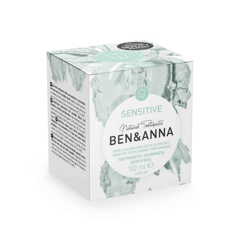 Ben & Anna sensitive toothpaste in 100g tube, showing the packaging and product label on a white background.