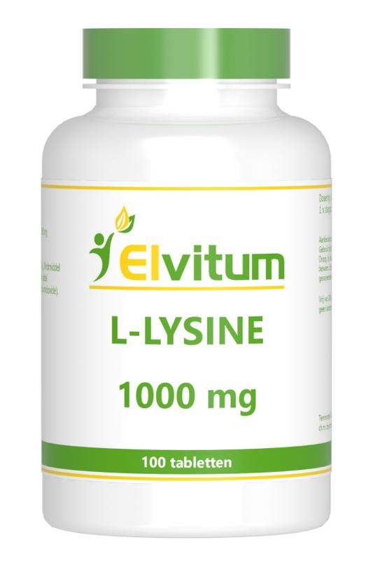 Elvitum L-Lysine 1000mg amino acid tablets, showing a bottle of 100 tablets with label and supplement details.