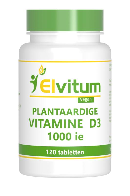 Elvitum vegan Vitamin D3 1000IU supplement in a bottle with 120 tablets, showing the product label and tablets inside.