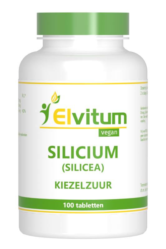 Elvitum Silicium 250mg mineral supplement in a bottle of 100 tablets, showing the product label and tablets inside.