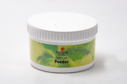 Volatile Fango poeder 150g, natural etherische oliën powder with herbal and mineral ingredients, in a clear container.