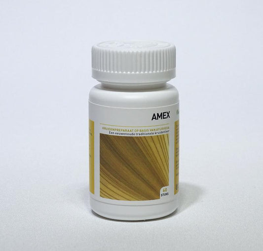 Ayurveda Health Amex herbal supplement in a bottle with 60 tablets, natural herbal kruidenpreparaten for health support