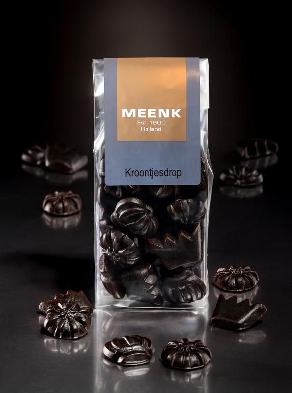 Assorted Meenk Kroontjes drop candies in a 180g package, colorful snoepgoed with vibrant, shiny candies in various shapes