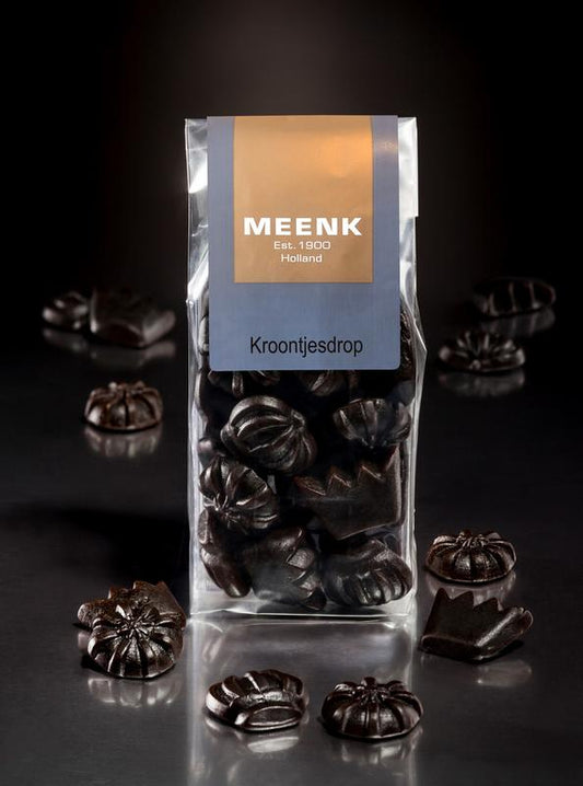 Assorted Meenk Kroontjes drop candies in a 180g package, colorful snoepgoed with vibrant, shiny candies in various shapes