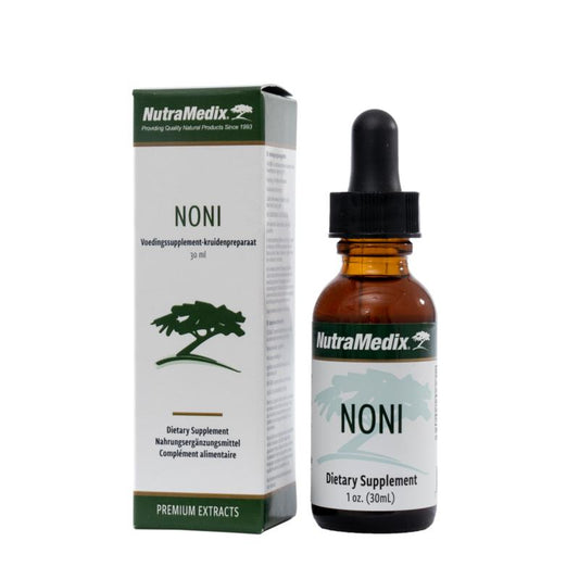 Nutramedix Noni herbal extract in a 30ml bottle, featuring a dark amber glass container with a dropper cap and label.