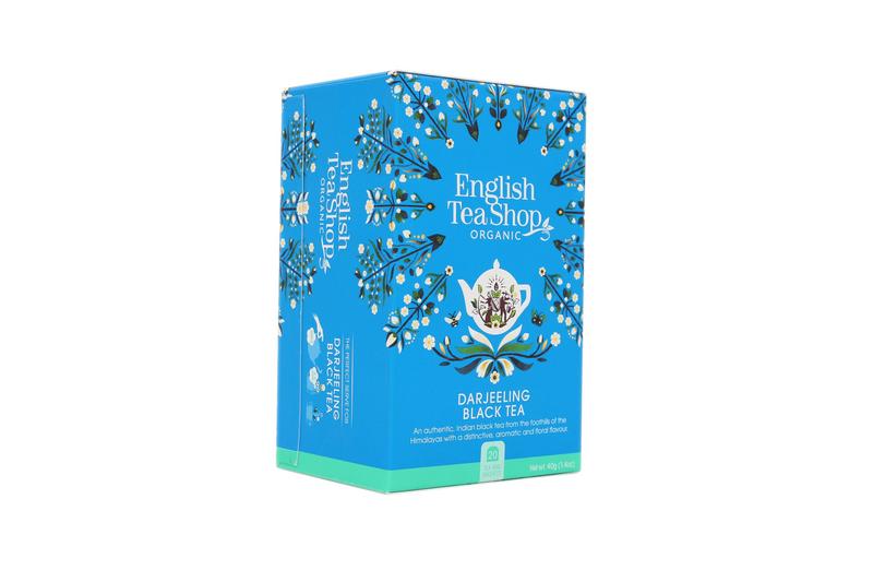 Organic English Tea Shop Darjeeling black tea bags, 20-pack, featuring premium loose leaf tea in biodegradable packaging.