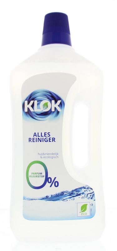 Klok Allesreiniger 1 liter bottle for cleaning, featuring a white spray container with a blue label, ideal for household cleaning.