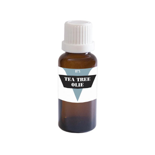 BT'S Tea Tree Oil 25ml bottle showing clear glass container with green label, natural essential oil for skincare and aromatherapy
