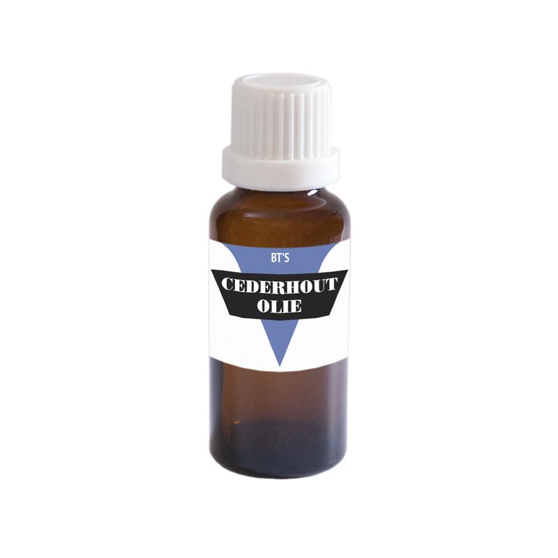 BT'S cedarwood essential oil bottle, 25ml, with amber glass and white cap, showing the product label.