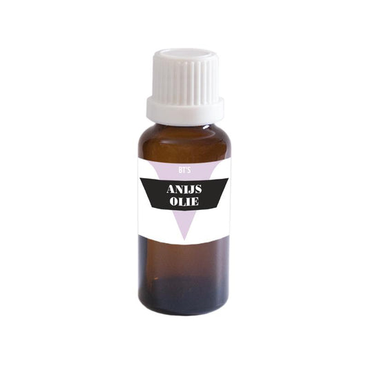 BT'S Anijs olie 25ml bottle of aromatic anise essential oil with a clear glass container and labeled cap.