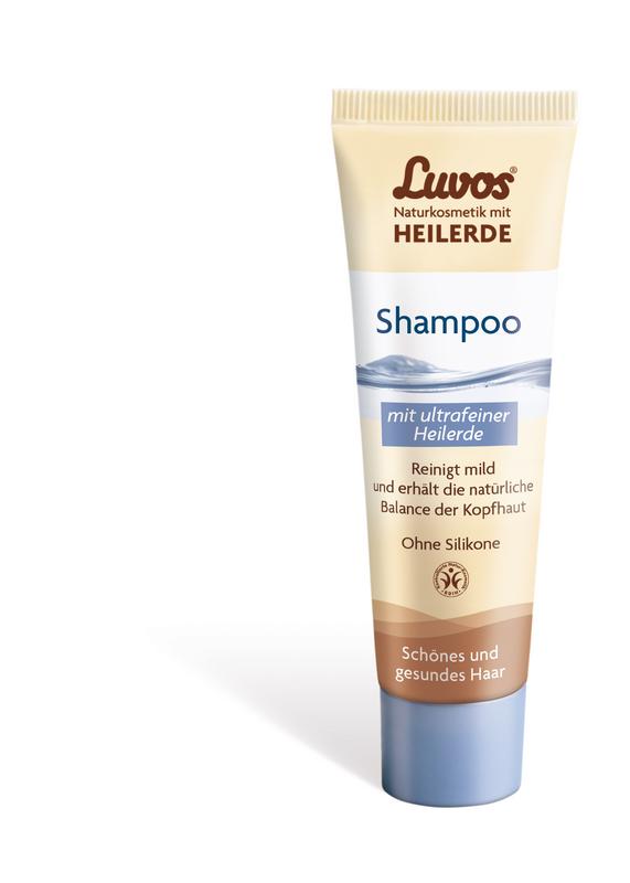 Luvos mini shampoo bottle for hair care, 30ml, with a white and green label, shown from a front view.