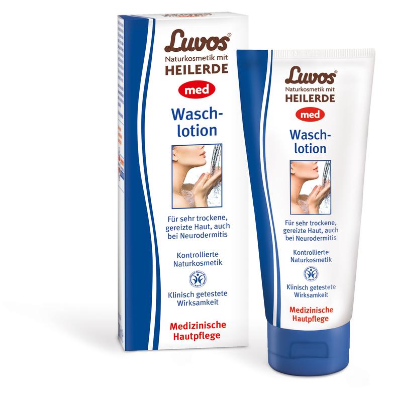 Luvos Med wash lotion 200ml bottle, gentle bad en douche with moisturizing ingredients, in a white and blue pump bottle.