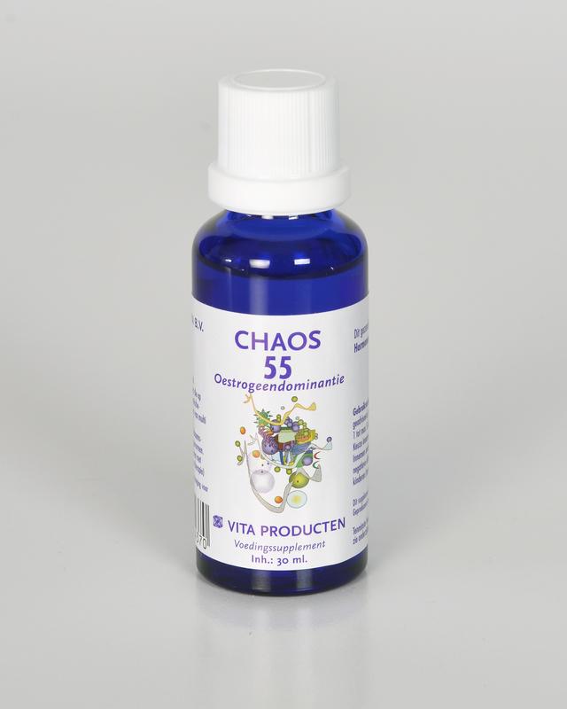 Vita Chaos 55 kruidenpreparaat voor oestrogeendominantie, 30 ml fles op een witte achtergrond.