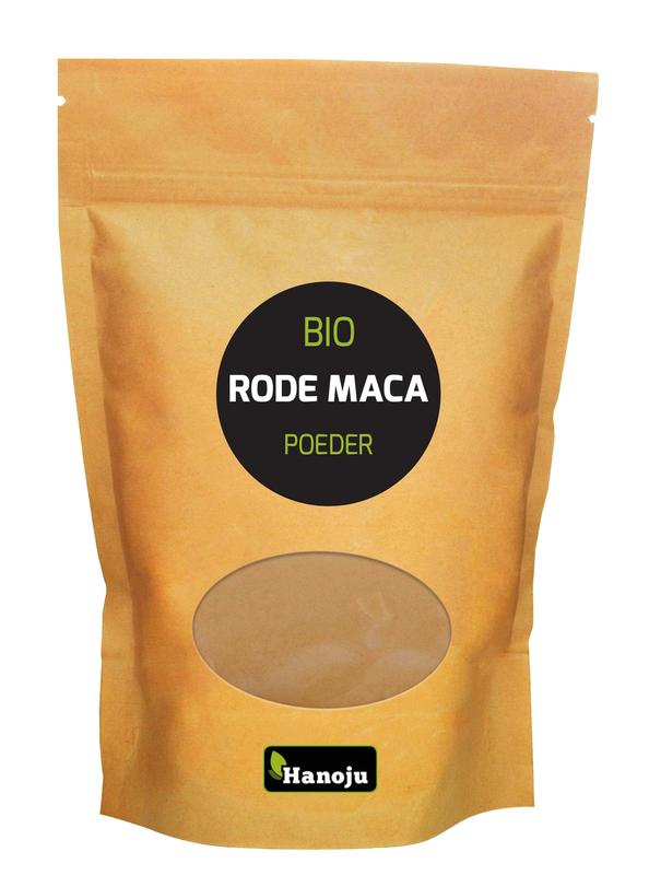 Hanoju Bio Rode Maca Powder 250g in a resealable bag, showing the vibrant powder inside and the product label.