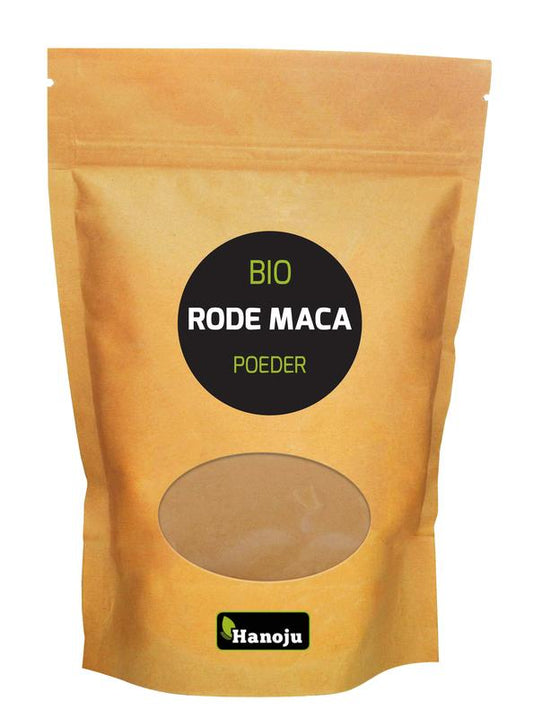 Hanoju Bio Rode Maca Powder 250g in a resealable bag, showing the vibrant powder inside and the product label.