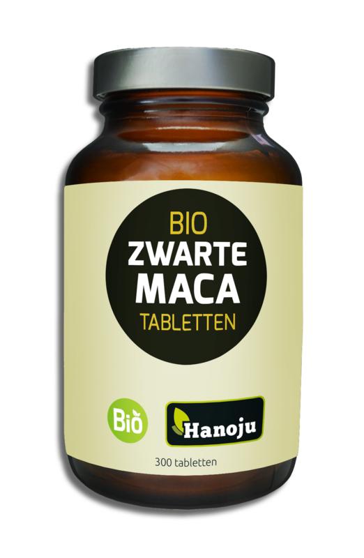 Hanoju Bio zwarte maca tabletten, herbal supplement in a bottle, showing 300 tablets for energy and vitality.