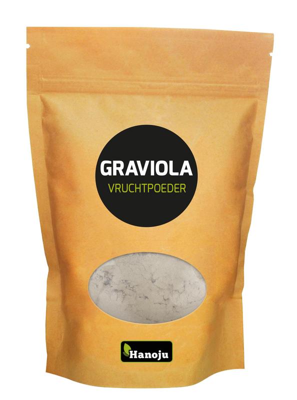 Hanoju Graviola fruit powder in a 500g package, natural herbal supplement, showing the powder and packaging.
